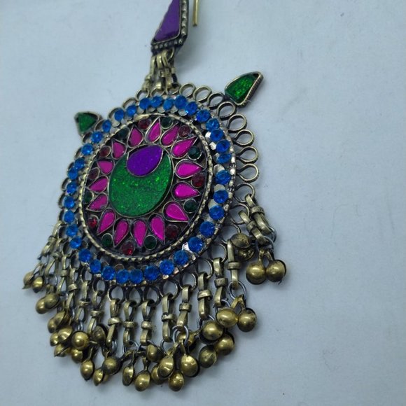 Afghan Vintage Multicolor Glass Stones Teeka, Massive Teeka With Dangling Bells, main image 5